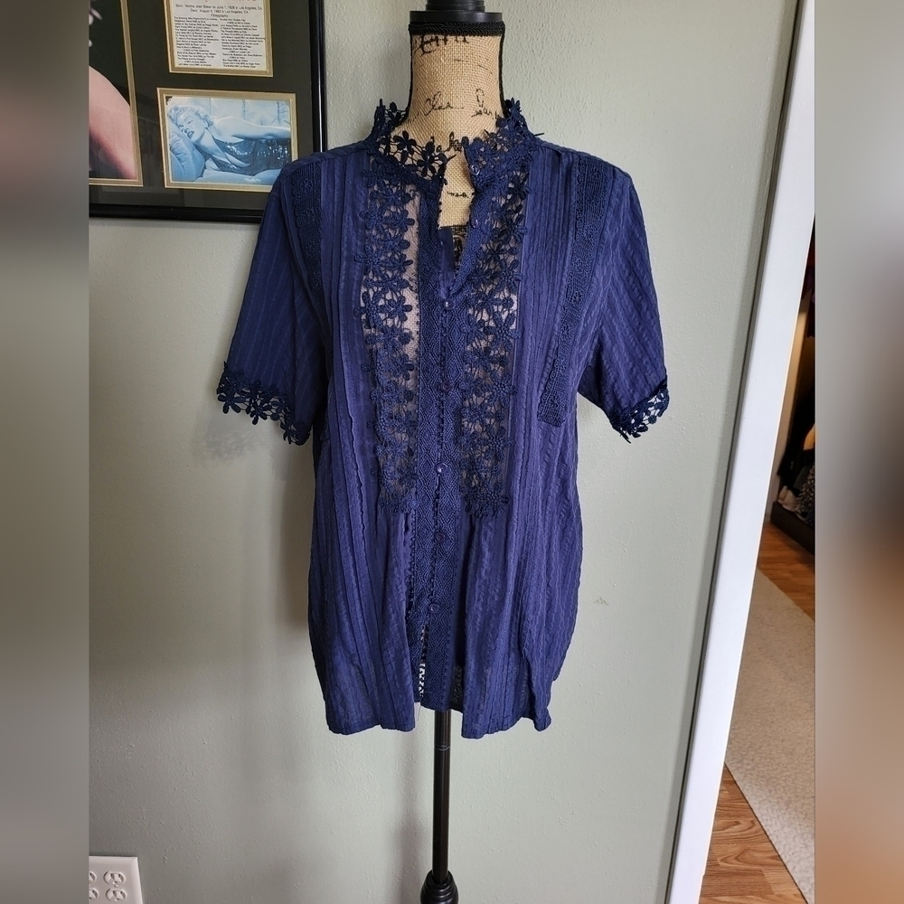 Boutique Navy button up Blouse with semi sheer panel and lace details